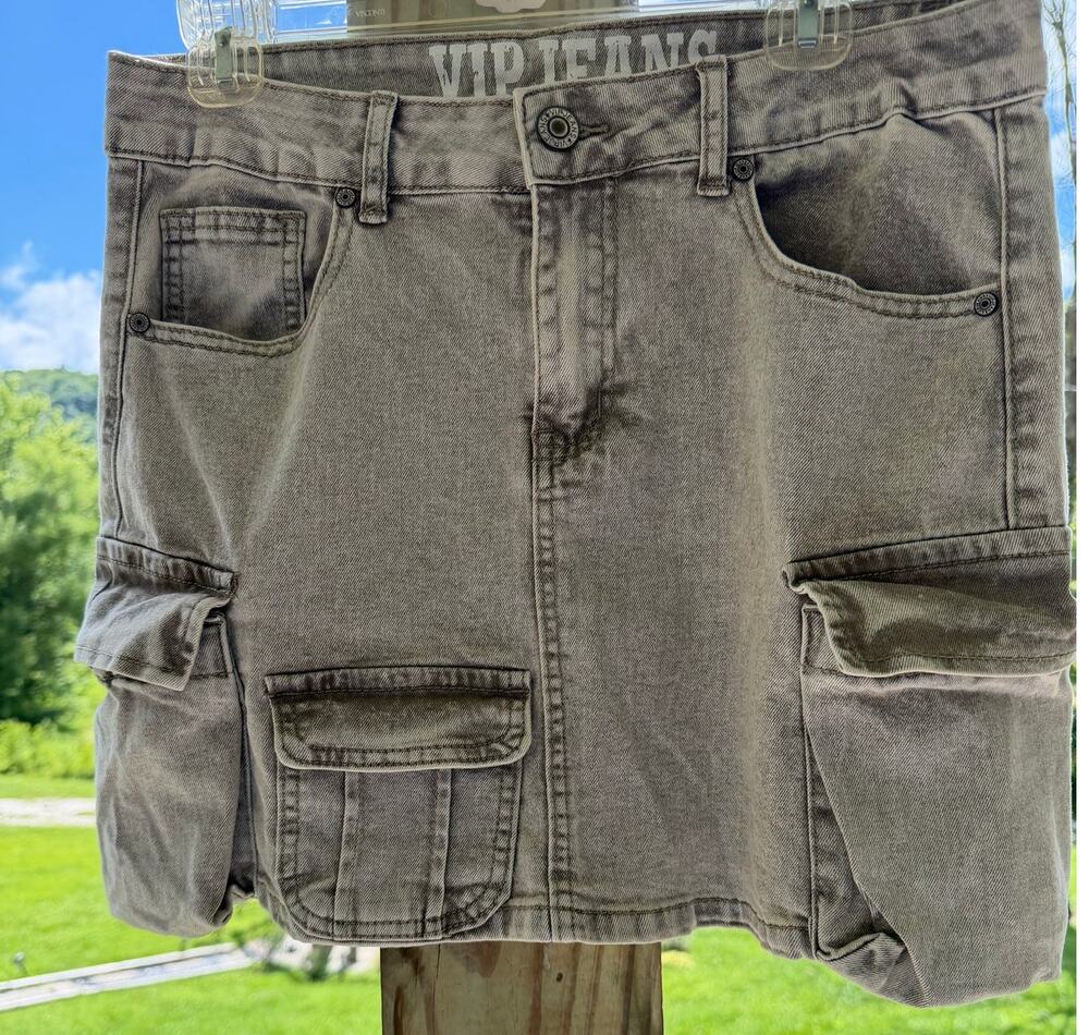 Gorpcore Utility Grunge Y2K VIP Jeans Faded Brown Denim Cargo Mini Skirt Large